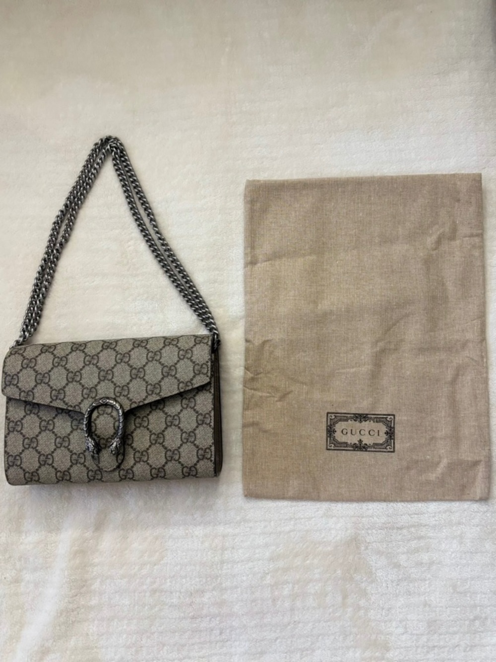 Gucci Beige GG Supreme Dionysus Small Shoulder Bag with Silver Chain - Picture 3 of 12